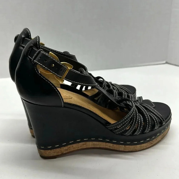 Chloe Marcie Wedges Leather T-Strap Platform High Heel Sandals Black Size 40.5 - Picture 5 of 14